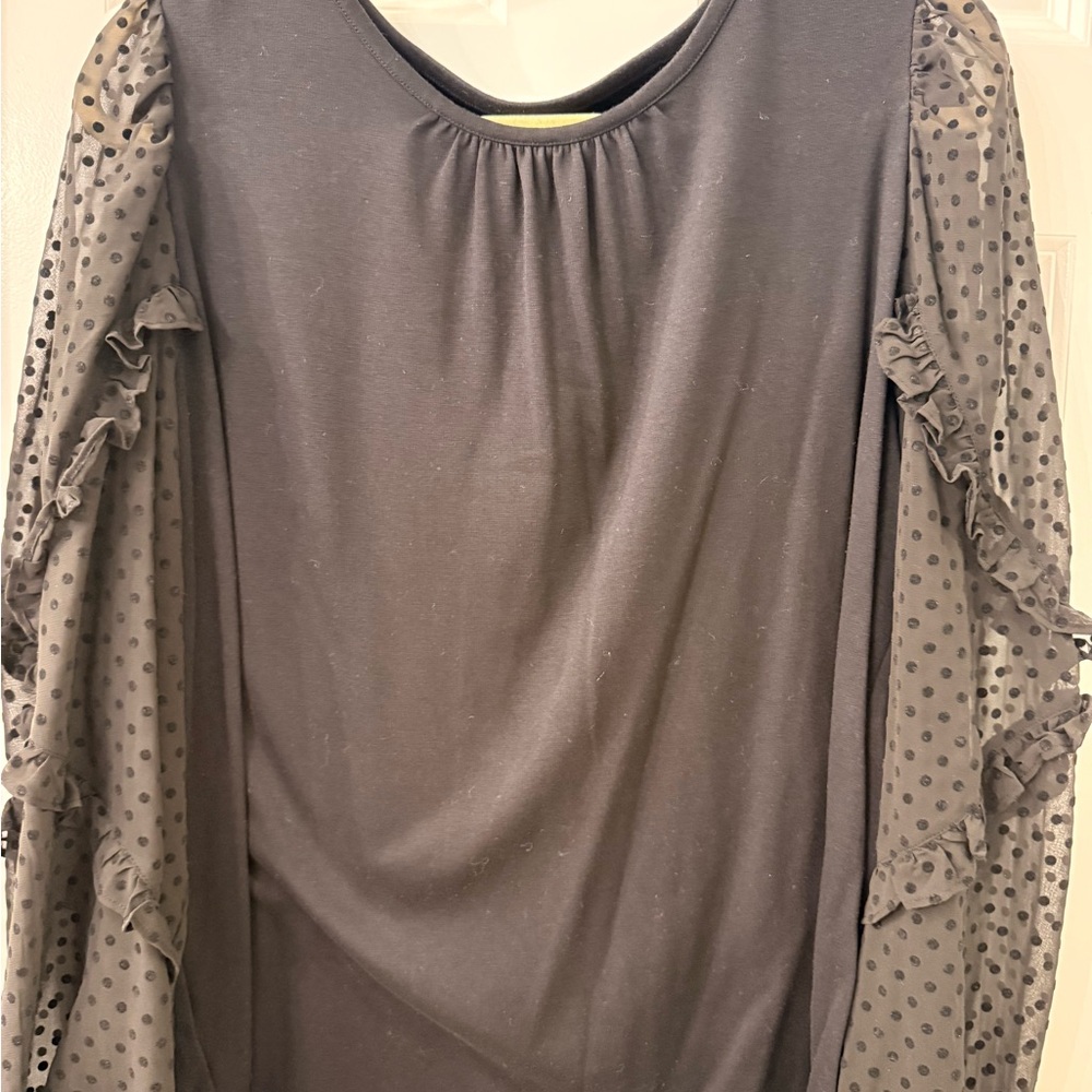 LOFT Black Long Sleeve Top with Polka Dot Ruffle Sleeves